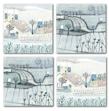 Load image into Gallery viewer, Pack of 4 Christmas cards from the Wintry Wonders Collection, featuring two elegant designs of snowy scenes in subtle shades of blue, gray, and white. Each design includes 2 cards, showcasing delicate snowing details.