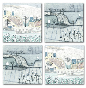 Pack of 4 Christmas cards from the Wintry Wonders Collection, featuring two elegant designs of snowy scenes in subtle shades of blue, gray, and white. Each design includes 2 cards, showcasing delicate snowing details.