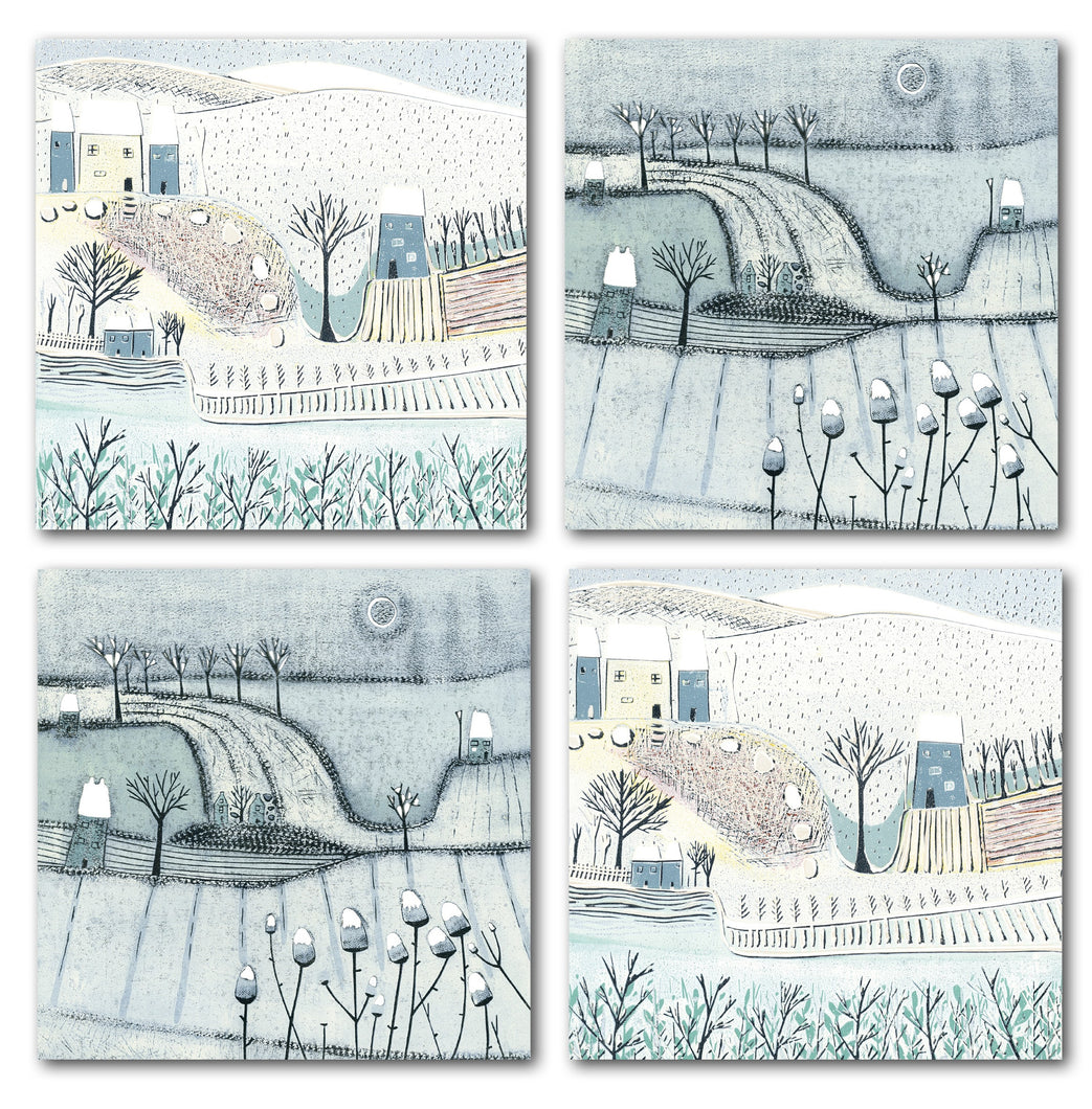 Pack of 4 Christmas cards from the Wintry Wonders Collection, featuring two elegant designs of snowy scenes in subtle shades of blue, gray, and white. Each design includes 2 cards, showcasing delicate snowing details.