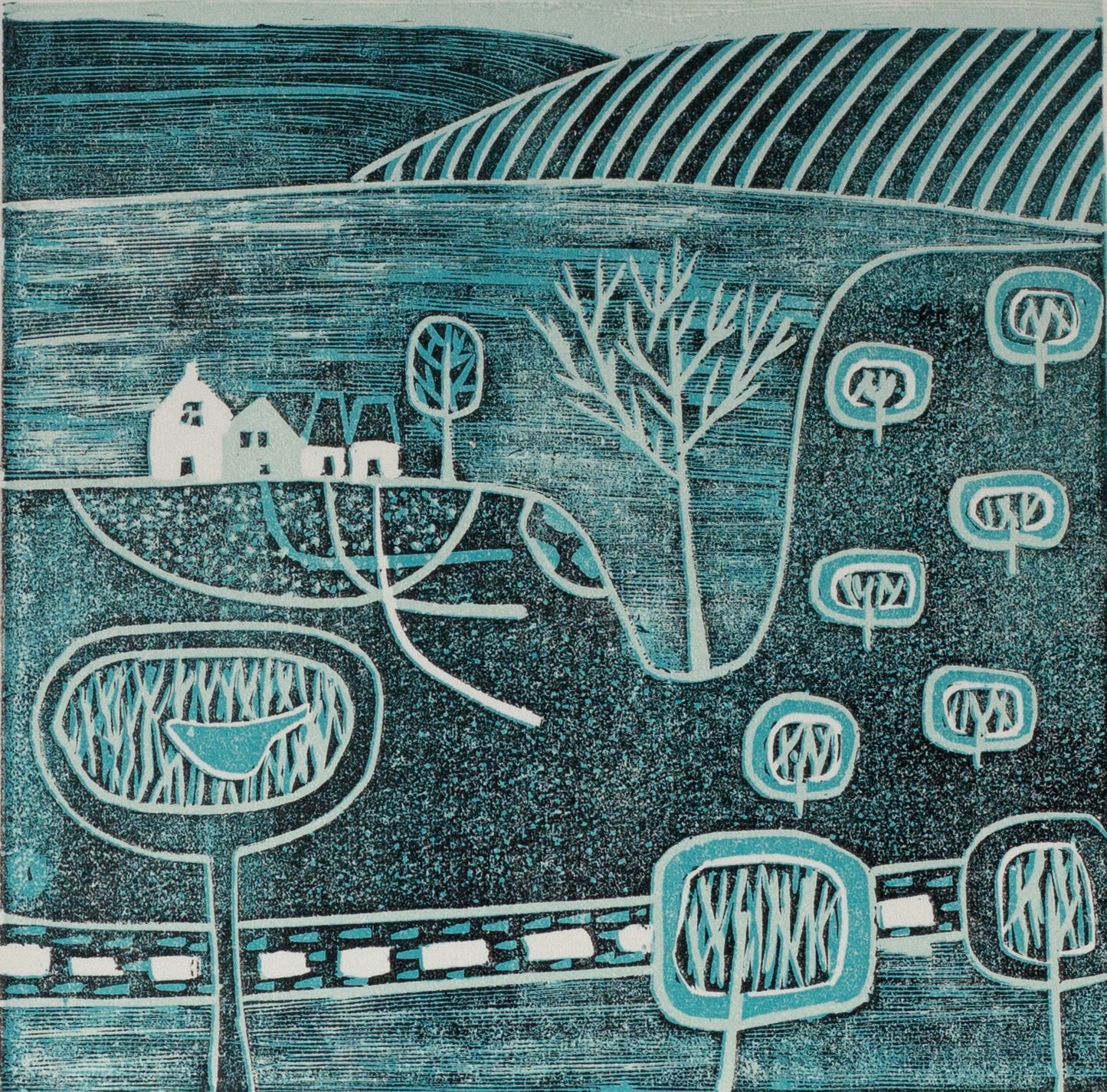 Serene Paths - Original reduction linocut mini print by Layla Khani — a winding path through a teal dreamlike landscape, hand-printed in the Malvern Hills. Limited edition of 20.