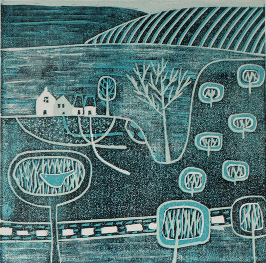 Serene Paths - Original reduction linocut mini print by Layla Khani — a winding path through a teal dreamlike landscape, hand-printed in the Malvern Hills. Limited edition of 20.
