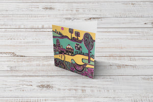 Gratitude-filled thank you card with a colourful linocut design.