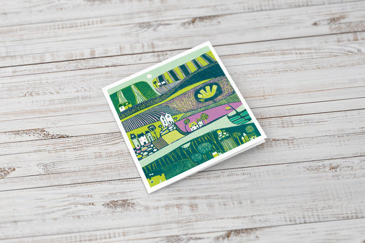 Above the Mountains Collection greeting cards displayed, British landscape art by Layla Khani, Laylart Studio