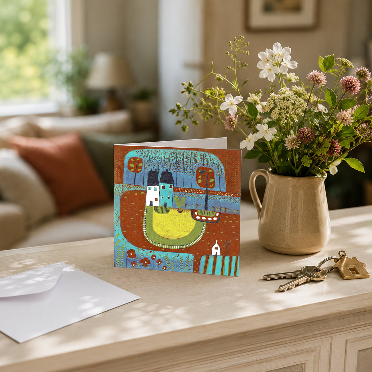 Over the Meadow square linocut greeting card displayed on a wooden table beside a vase of flowers, with an envelope nearby.