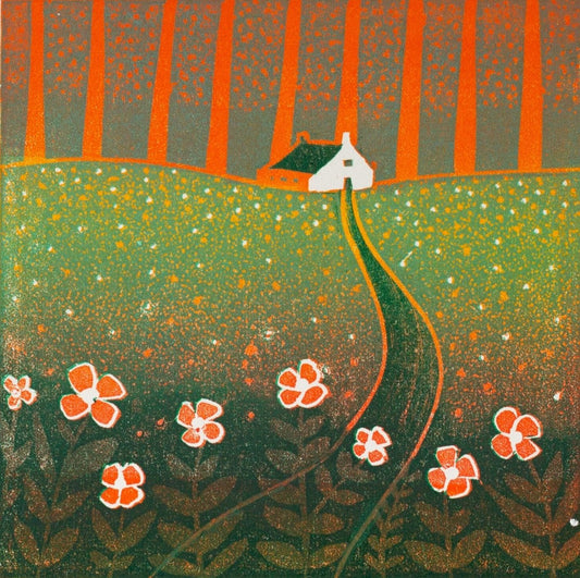 Original reduction linocut mini print by Layla Khani — wild flowers and meadow grasses at the foot of the Malvern Hills, a cottage on the horizon. Limited edition of 20.