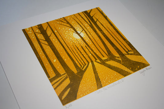 Into the Woodlands Series linocut print shown at an angle, hand-printed by Layla Khani, Laylart Studio