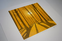 Load image into Gallery viewer, Into the Woodlands Series linocut print shown at an angle, hand-printed by Layla Khani, Laylart Studio