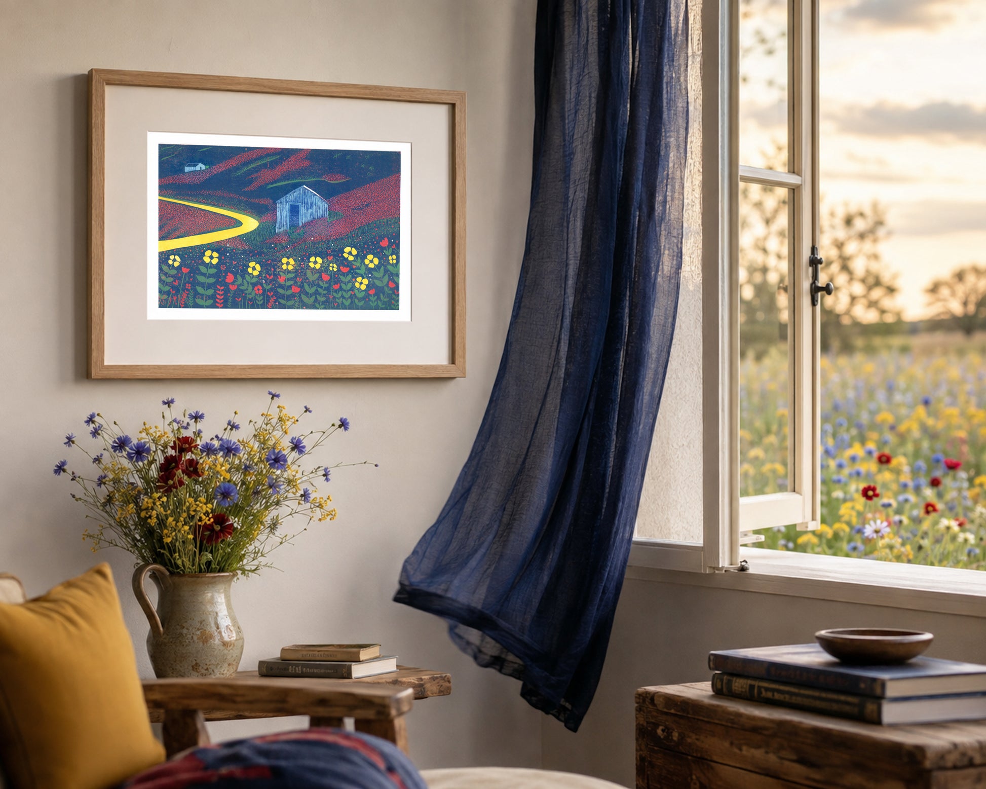 A Path Through Summer limited edition linocut print displayed in a framed interior setting