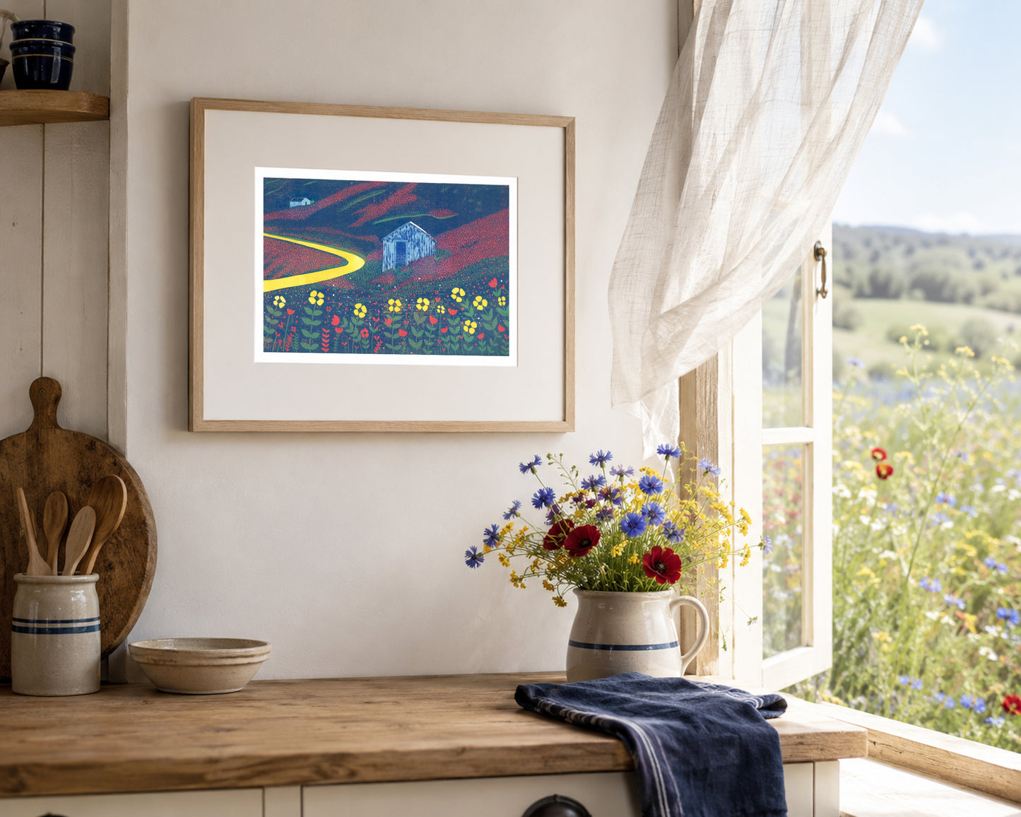 A Path Through Summer limited edition linocut print displayed in a framed interior setting