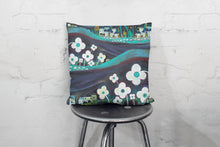 Load image into Gallery viewer, art print pillow throw, cushion cover, pillow cover, decorative cushion cover, decorative pillow, armchair pillow, unique art print pillow, linocut print, blue gold cushion, laylart studio, laylart, interior design, designer cushion, floral whimsy design, colourful home decor, unique fine art pillow