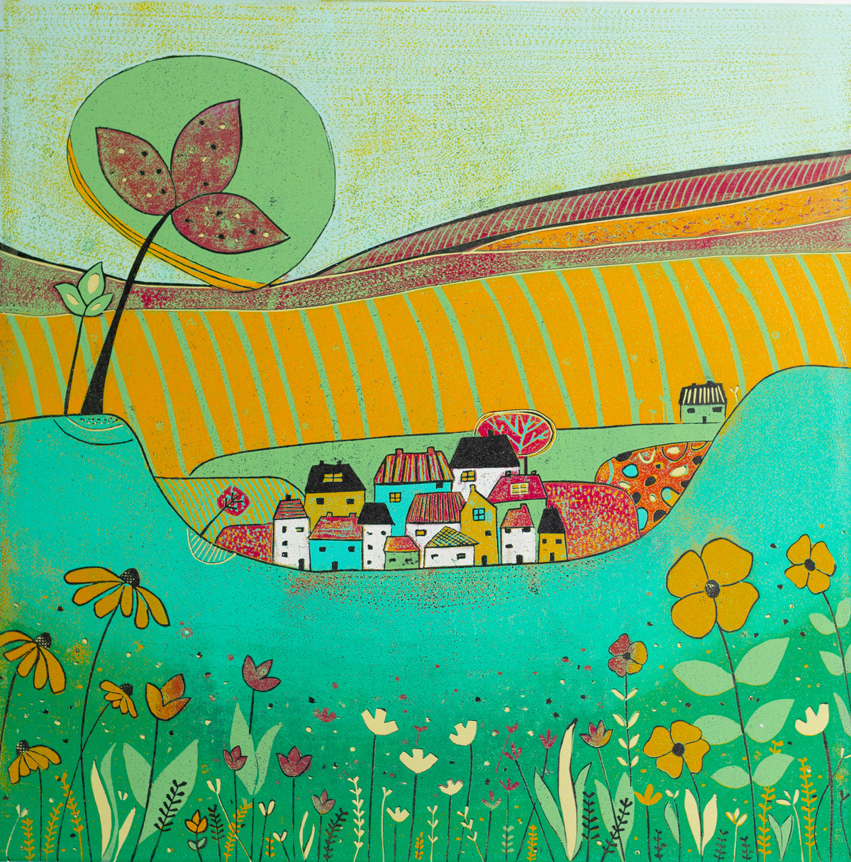 original lino print, lino print for sale, linocut print, limited edition, laylart print, laylart studio, lino print green, green wall art print, spring flower fields, colourful meadow, landscape linocut print, printmaking, reduction lino print, lino print for sale, colourful orange blue yellow
