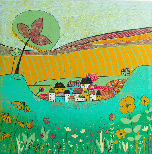 original lino print, lino print for sale, linocut print, limited edition, laylart print, laylart studio, lino print green, green wall art print, spring flower fields, colourful meadow, landscape linocut print, printmaking, reduction lino print, lino print for sale, colourful orange blue yellow