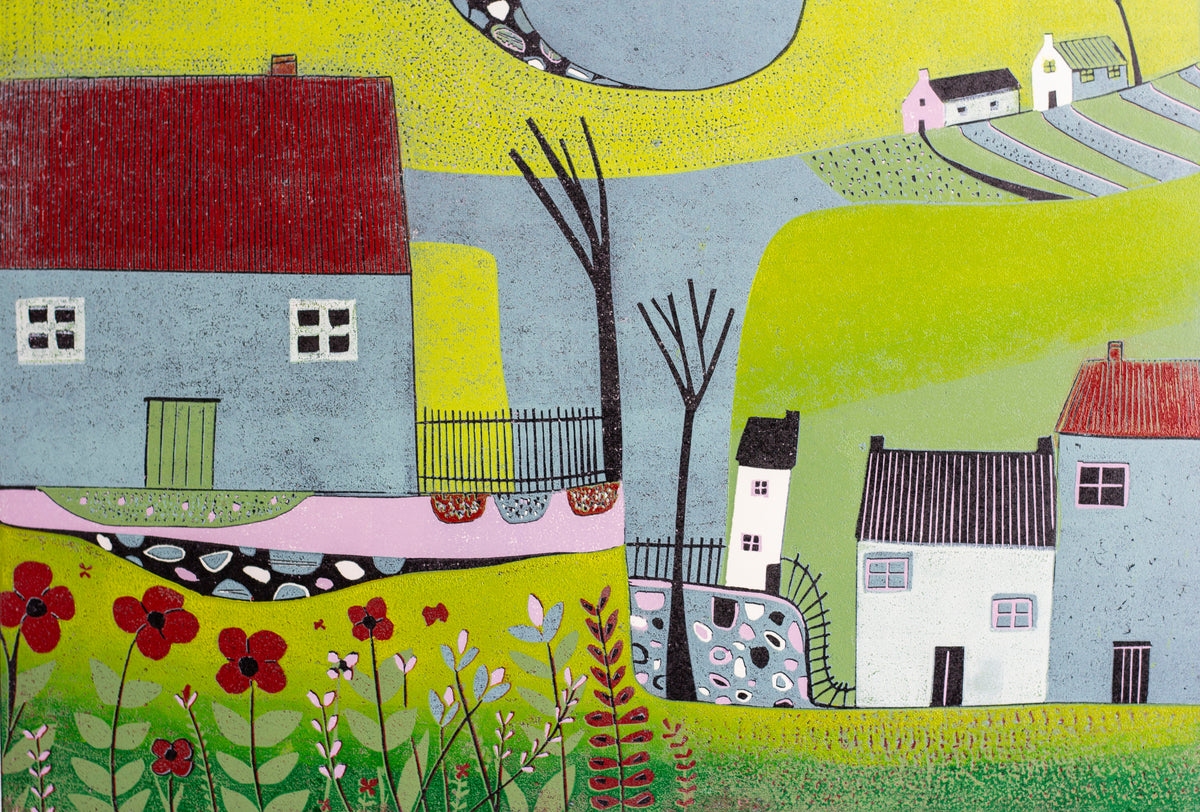 Close-up of cottages, flowers and carved details in The Hills Above the Shore linocut print