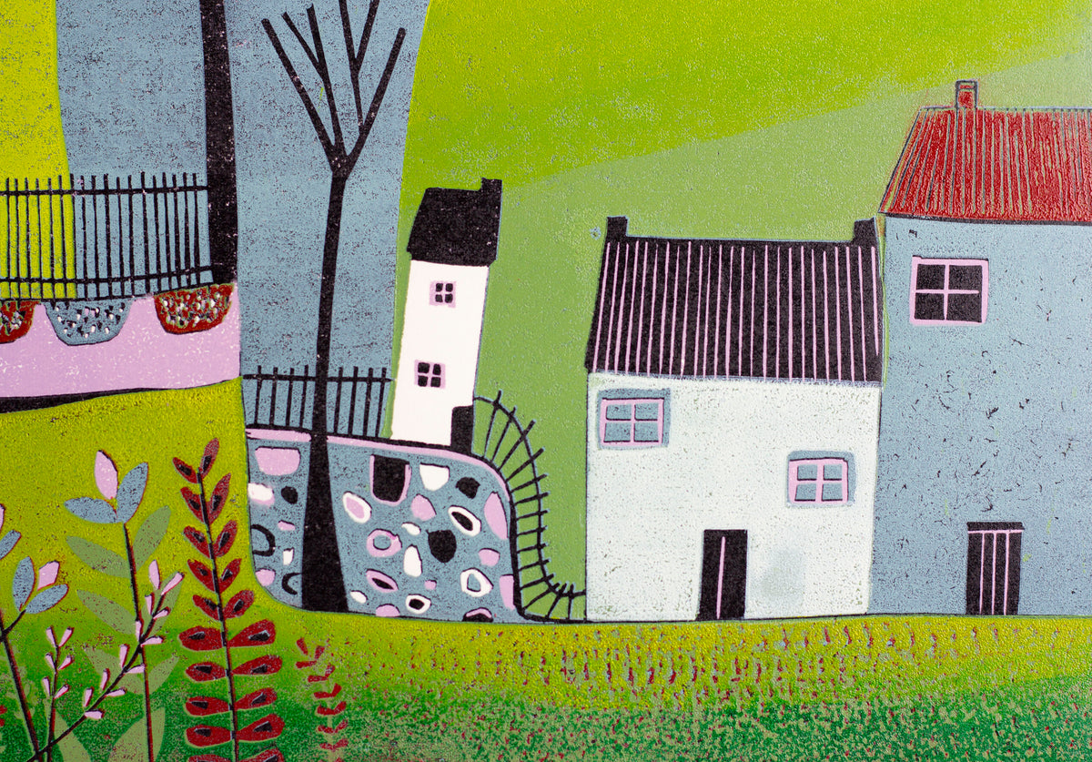 Detail of houses, trees and hand-printed textures in The Hills Above the Shore linocut