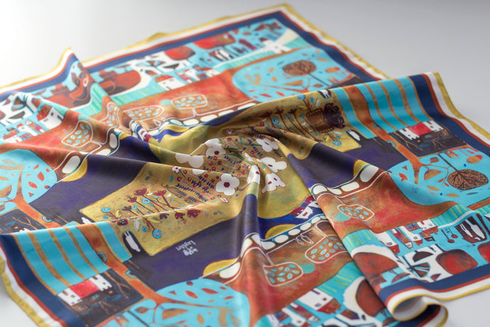 lightweight scarf for women, blue and gold scarves. summer scarf for women, laylart studio scarf, art printed scarf, unique scarf for wife, gift ideas for anniversary, birthday gift for girlfriend