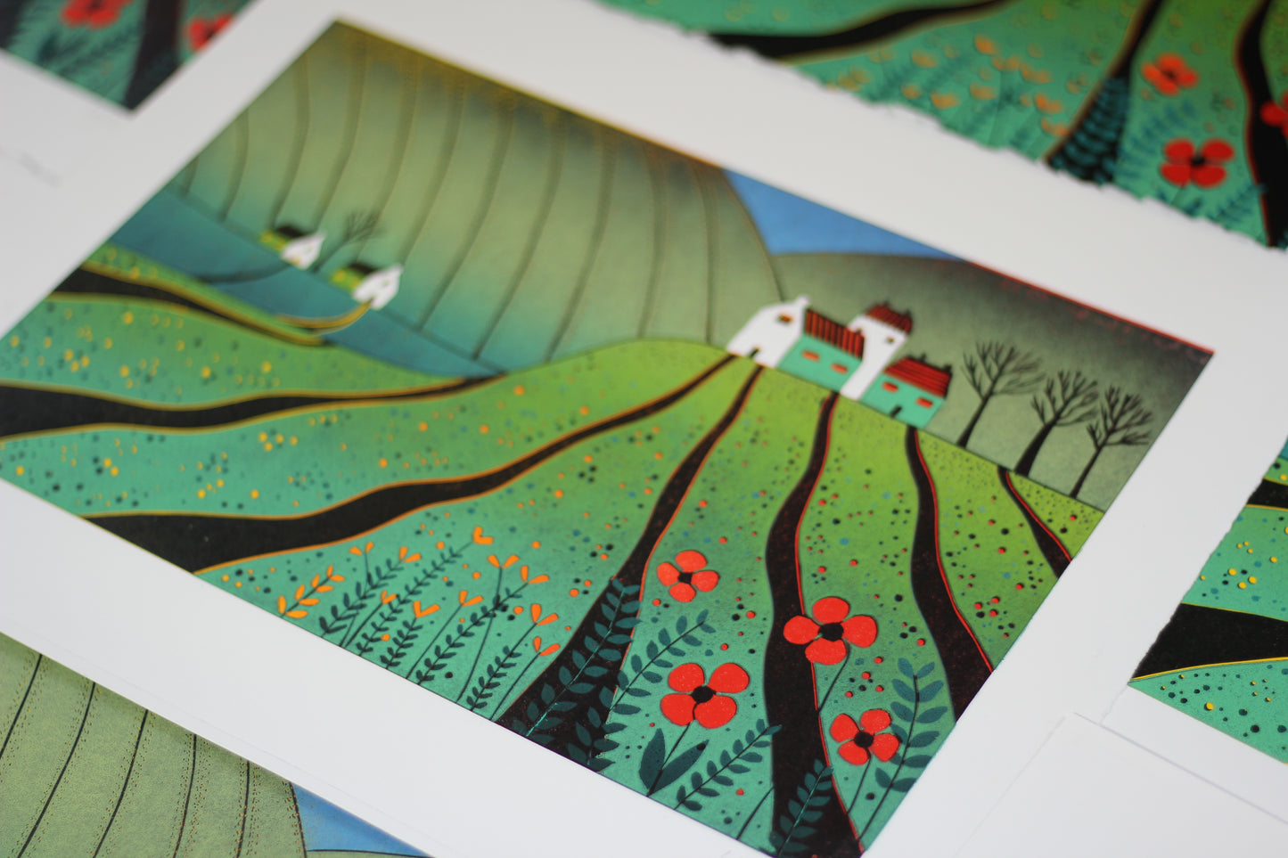 The Fields of Happiness linocut print editions laid out, hand-pulled by Layla Khani, Laylart Studio