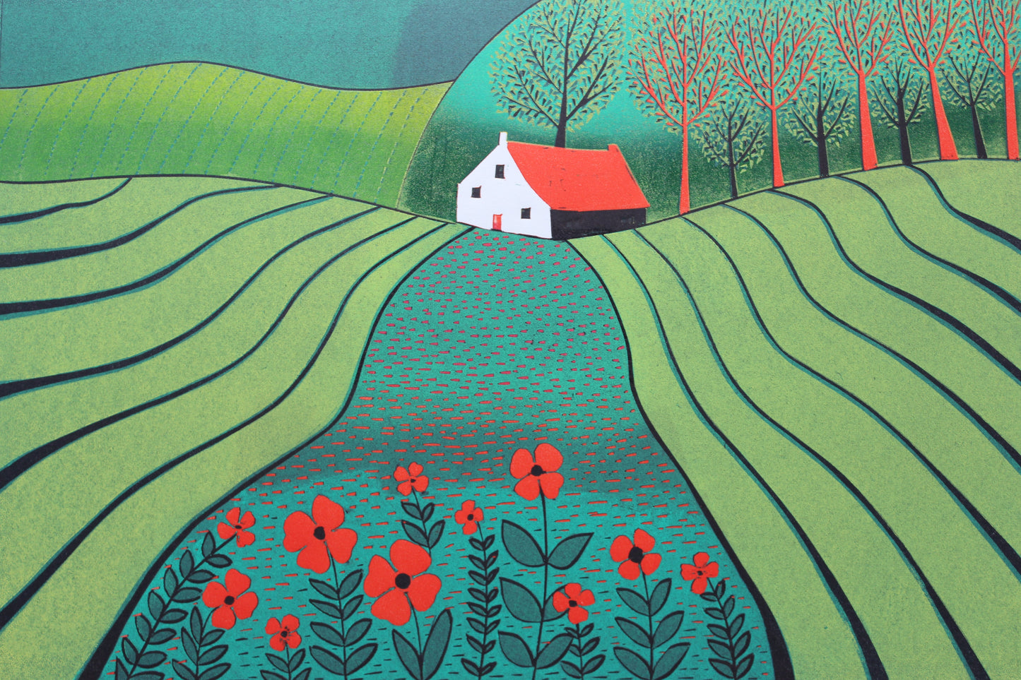 When April Pours the Colours - original limited edition linocut print by Layla Khani, spring landscape with poppies and striped fields, Laylart Studio