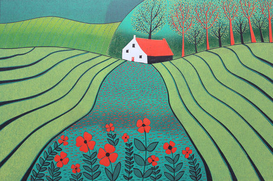 When April Pours the Colours - original limited edition linocut print by Layla Khani, spring landscape with poppies and striped fields, Laylart Studio