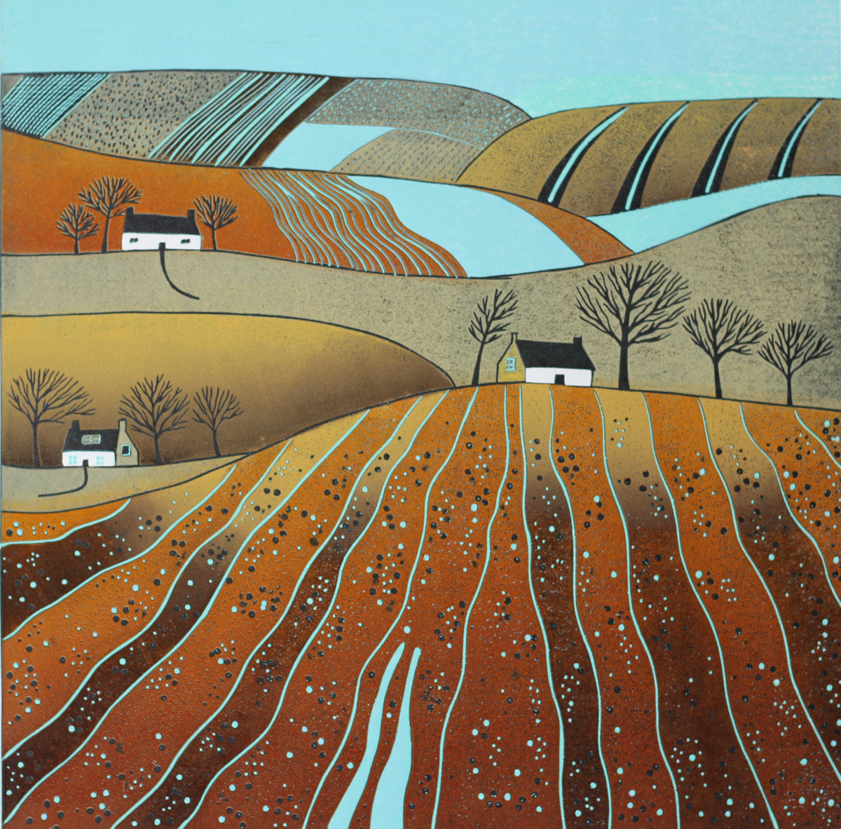 In the Tide of Autumn Leaves original 30 x 30 cm landscape linocut by Layla Khani