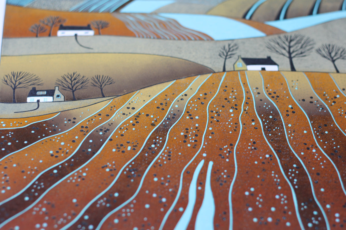 Detail of rolling autumn fields in In the Tide of Autumn Leaves linocut print