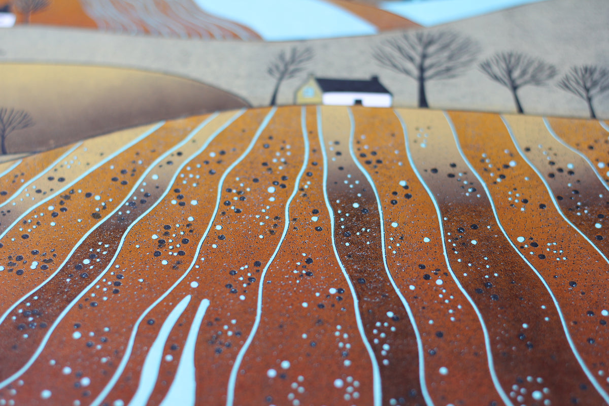 Detail showing the layered fields and ink texture of In the Tide of Autumn Leaves