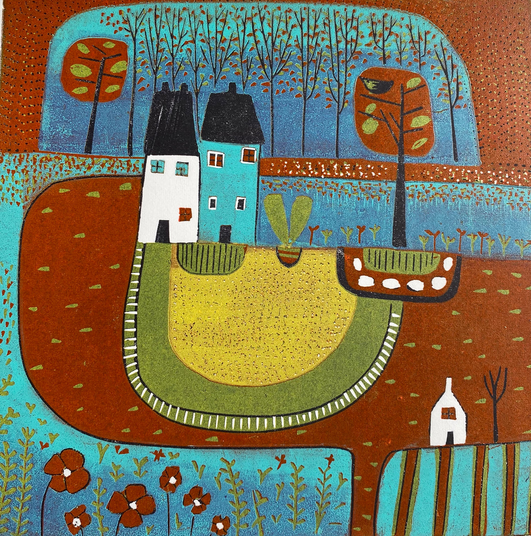 original lino print, lino print for sale, linocut print, limited edition, laylart print, laylart studio, lino print green, green wall art print, spring flower fields, colourful meadow, landscape linocut print, printmaking, reduction lino print, lino print for sale, colourful orange blue yellow