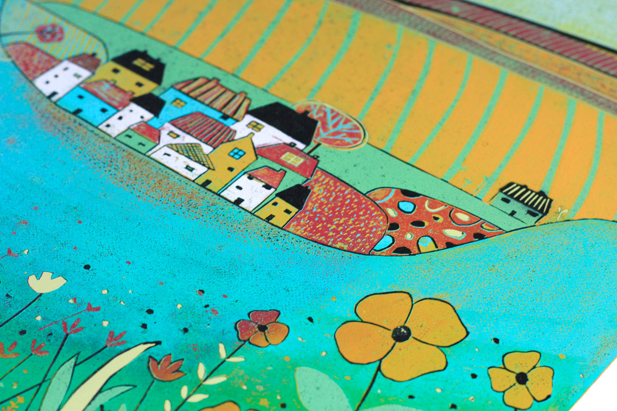 original lino print, lino print for sale, linocut print, limited edition, laylart print, laylart studio, lino print green, green wall art print, spring flower fields, colourful meadow, landscape linocut print, printmaking, reduction lino print, lino print for sale, colourful orange blue yellow