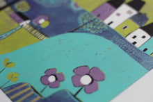 Load image into Gallery viewer, original lino print, lino print for sale, linocut print, limited edition, laylart print, laylart studio, lino print green, green wall art print, spring flower fields, colourful meadow, landscape linocut print, printmaking, reduction lino print, lino print for sale, colourful blue purple yellow