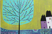 Load image into Gallery viewer, original lino print, lino print for sale, linocut print, limited edition, laylart print, laylart studio, lino print green, green wall art print, spring flower fields, colourful meadow, landscape linocut print, printmaking, reduction lino print, lino print for sale, colourful blue purple yellow