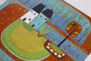 original lino print, lino print for sale, linocut print, limited edition, laylart print, laylart studio, lino print green, green wall art print, spring flower fields, colourful meadow, landscape linocut print, printmaking, reduction lino print, lino print for sale, colourful orange blue yellow