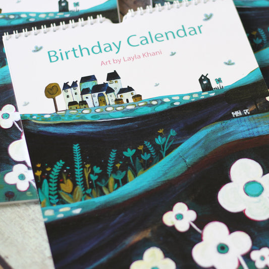 Laylart perpetual birthday calendar cover featuring an original acrylic coastal village painting