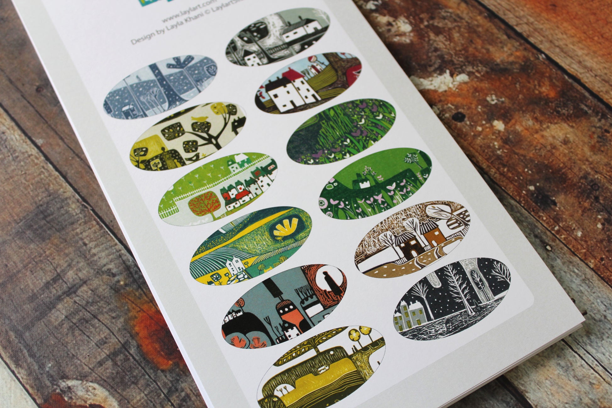 Overview of all 12 months of the Laylart linocut birthday calendar