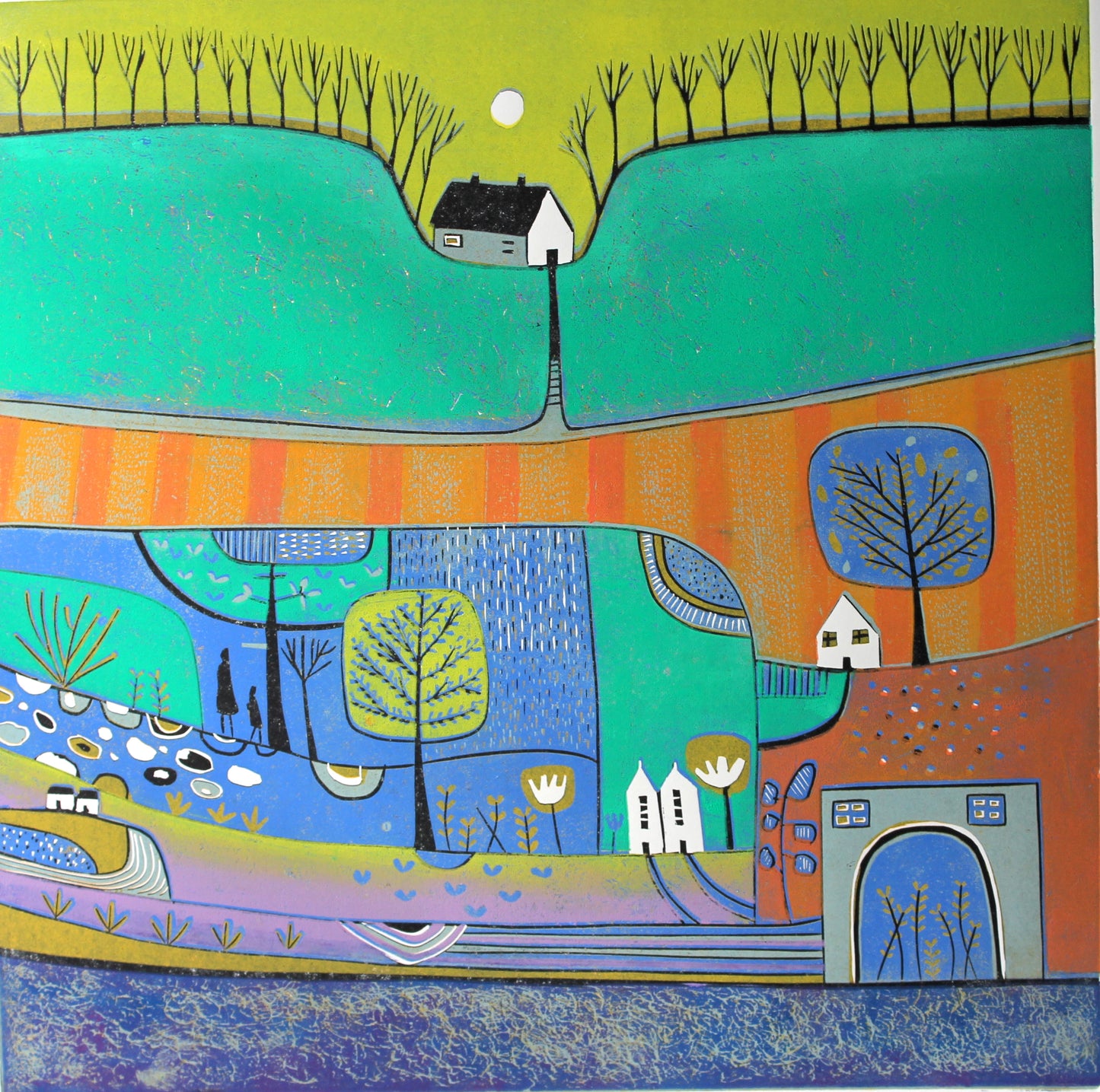 A Moment of Happiness - original limited edition linocut print by Layla Khani, vibrant landscape with houses and trees, Laylart Studio
