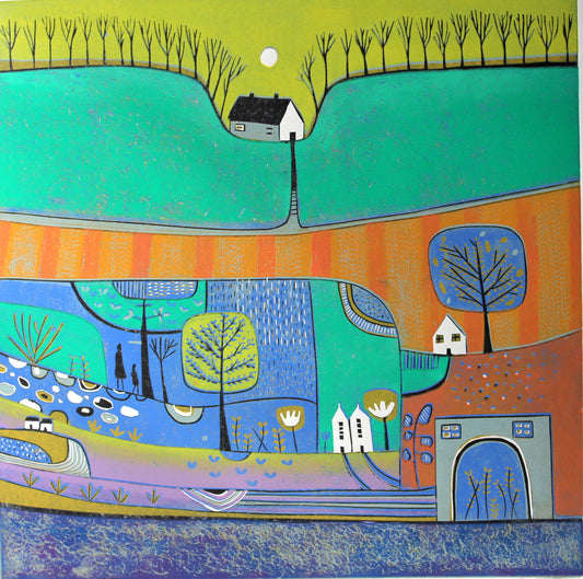 A Moment of Happiness - original limited edition linocut print by Layla Khani, vibrant landscape with houses and trees, Laylart Studio
