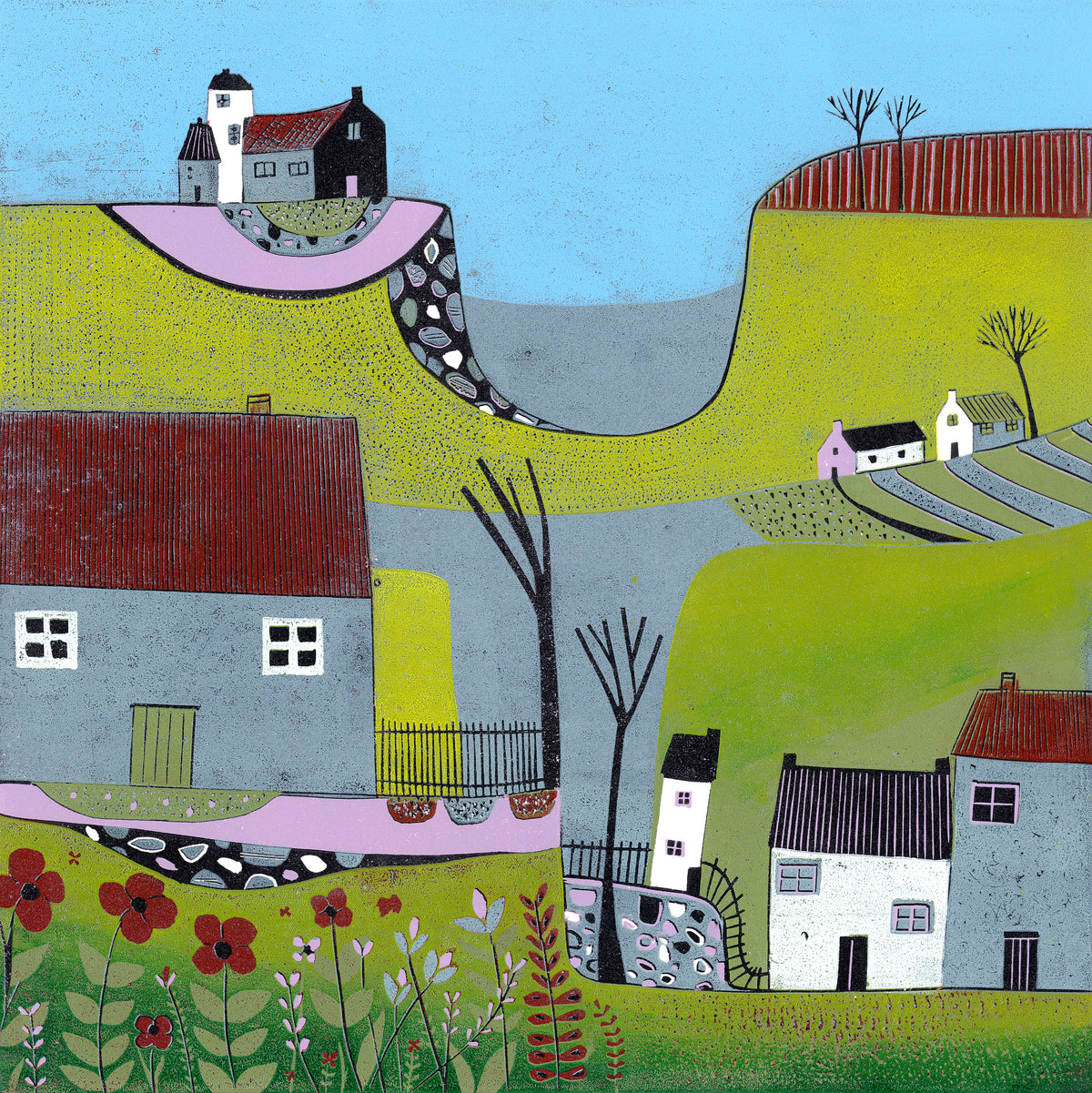 The Hills Above the Shore original 30 x 30 cm landscape linocut print by Layla Khani