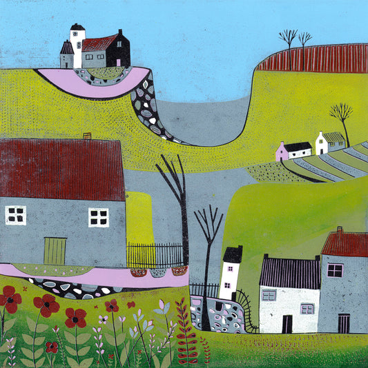 The Hills Above the Shore original 30 x 30 cm landscape linocut print by Layla Khani