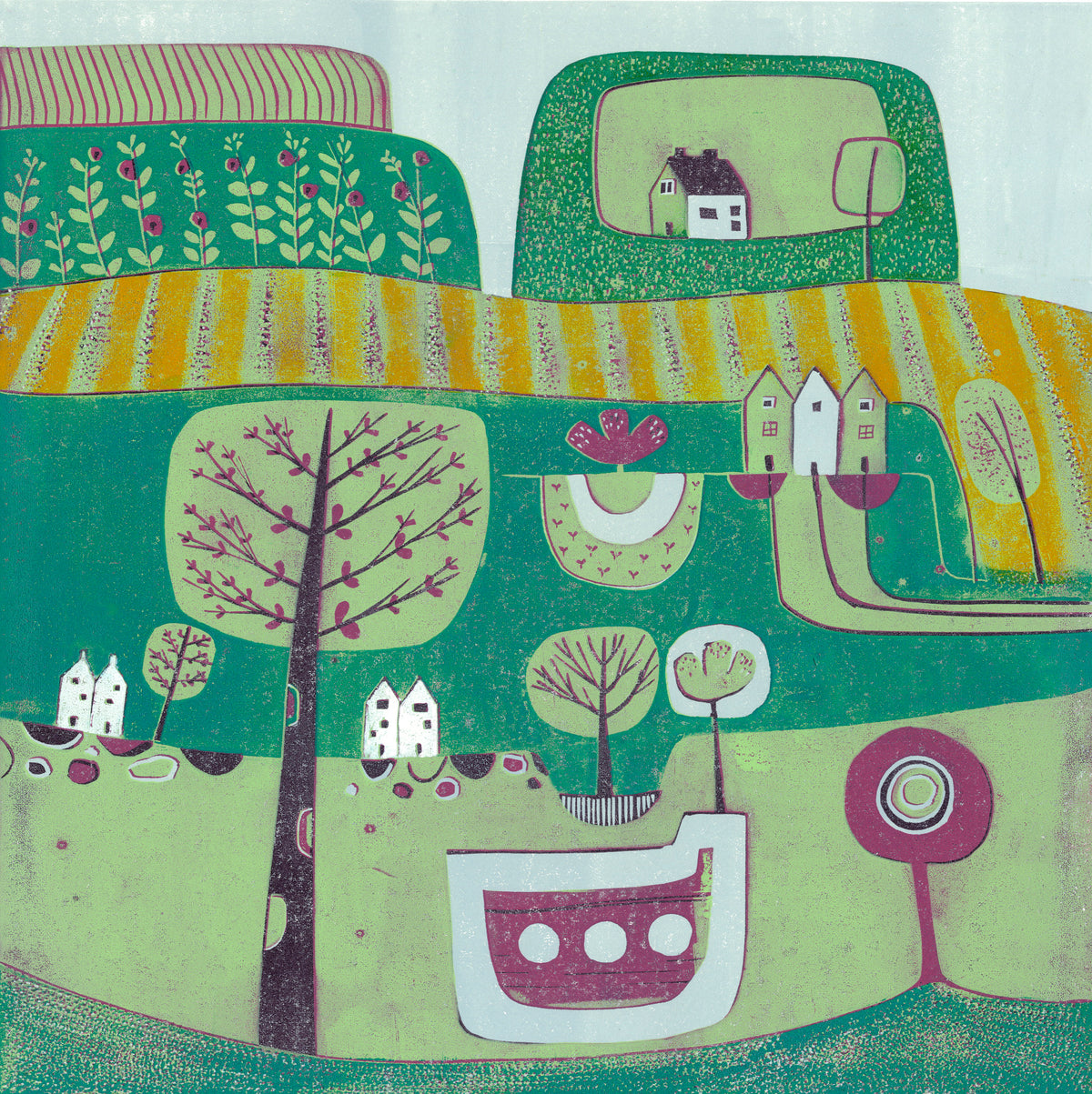 A Midsummer Breeze original 30 x 30 cm landscape linocut print by Layla Khani
