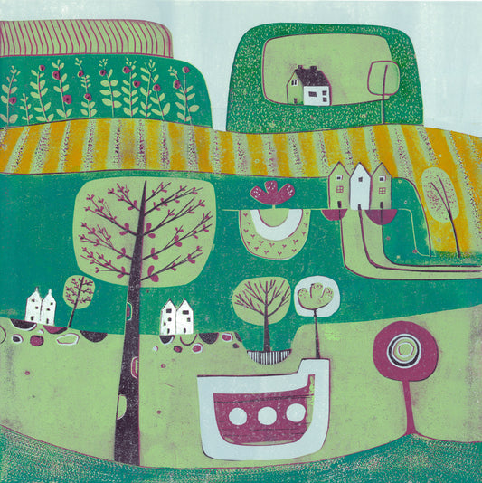A Midsummer Breeze original 30 x 30 cm landscape linocut print by Layla Khani