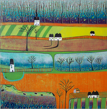Load image into Gallery viewer, original linocut print, linoleum print, lino print for sale, reduction linocut, linocut print artist, lino print artist, lino printing art, linoleum print, printmaking, colourful linocut, colour reduction print, living room wall art, original artwork, lino printing, landscape linocut print, laylart studio, laylart, layla khani, laylart linocut, quirky landscape, quaint village