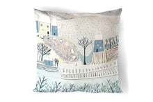 Load image into Gallery viewer, art print pillow throw, cushion cover, pillow cover, decorative cushion cover, decorative pillow, armchair pillow, unique art print pillow, linocut print, grey blue snow scene cushion, laylart studio, laylart, interior design, designer cushion, snow scene whimsy design, colourful home decor, unique fine art pillow