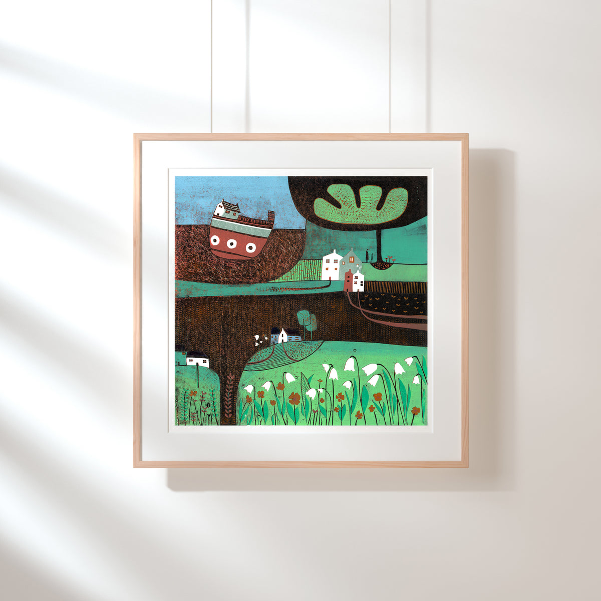 Autumn Days square original linocut print shown framed with a wide white mount