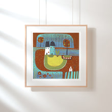 Load image into Gallery viewer, original lino print, lino print for sale, linocut print, limited edition, laylart print, laylart studio, lino print green, green wall art print, spring flower fields, colourful meadow, landscape linocut print, printmaking, reduction lino print, lino print for sale, colourful orange blue yellow
