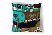 Load image into Gallery viewer, art print pillow throw, cushion cover, pillow cover, decorative cushion cover, decorative pillow, armchair pillow, unique art print pillow, linocut print, blue gold cushion, laylart studio, laylart, interior design, designer cushion, floral whimsy design, colourful home decor, unique fine art pillow