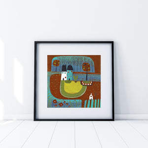 original lino print, lino print for sale, linocut print, limited edition, laylart print, laylart studio, lino print green, green wall art print, spring flower fields, colourful meadow, landscape linocut print, printmaking, reduction lino print, lino print for sale, colourful orange blue yellow