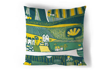 Load image into Gallery viewer, art print pillow throw, cushion cover, pillow cover, decorative cushion cover, decorative pillow, armchair pillow, unique art print pillow, linocut print, yellow green cushion, laylart studio, laylart, interior design, designer cushion, floral whimsy design, colourful home decor, unique fine art pillow