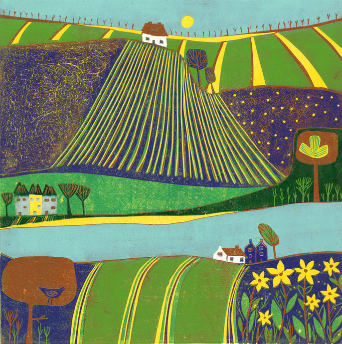 original linocut print, landscape linocut print, linoprint for sale, lino print art, laylart linocut print, colourful wall art, Whimsical landscape , original artwork, laylart studio prints, colourful home decor, unique scene linocut, green print