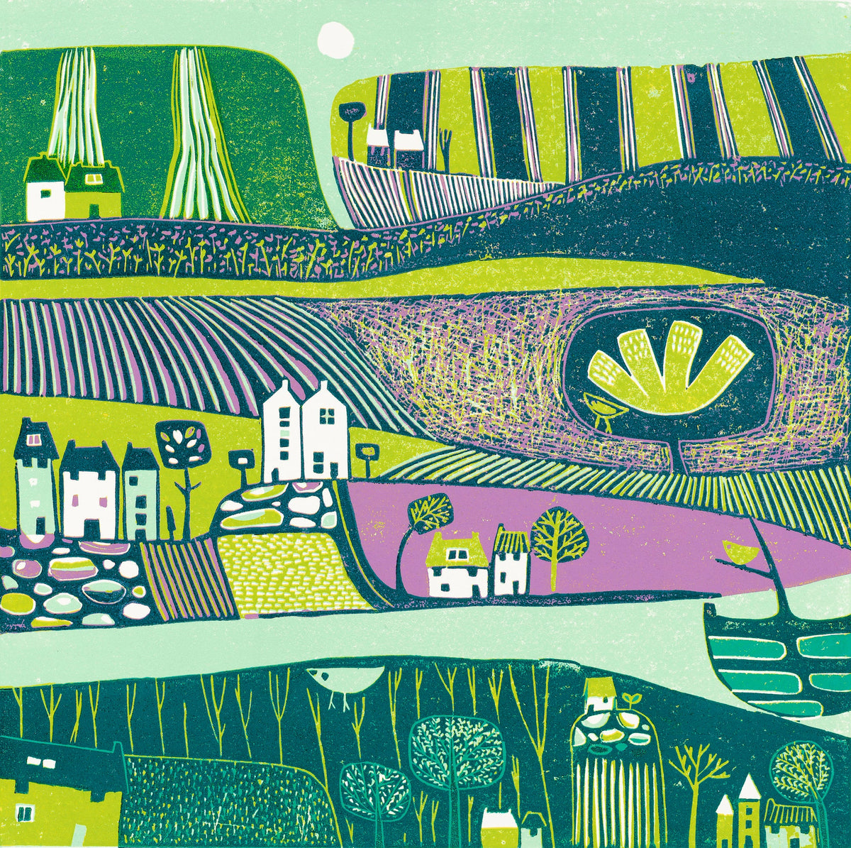 Green Valley original 30 x 30 cm landscape linocut print by Layla Khani