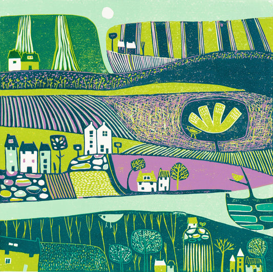 Green Valley original 30 x 30 cm landscape linocut print by Layla Khani