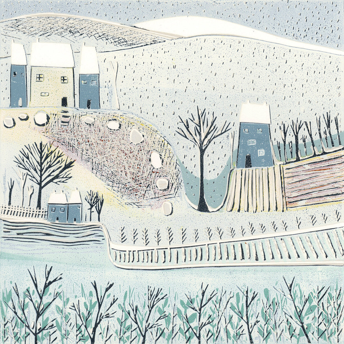 Blue Winter original 20 x 20 cm winter landscape linocut print by Layla Khani