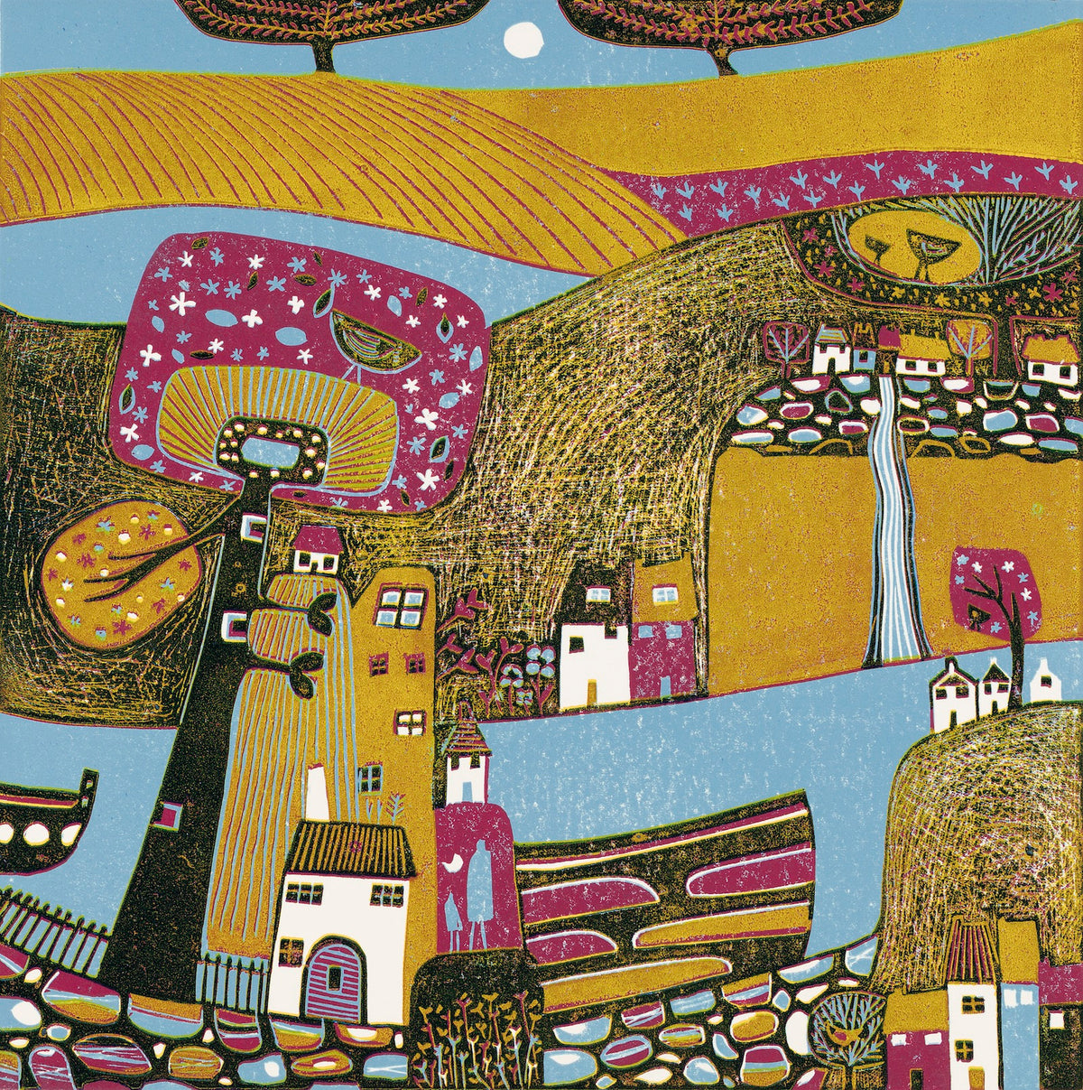 Over the Mountains original 30 x 30 cm landscape linocut print by Layla Khani